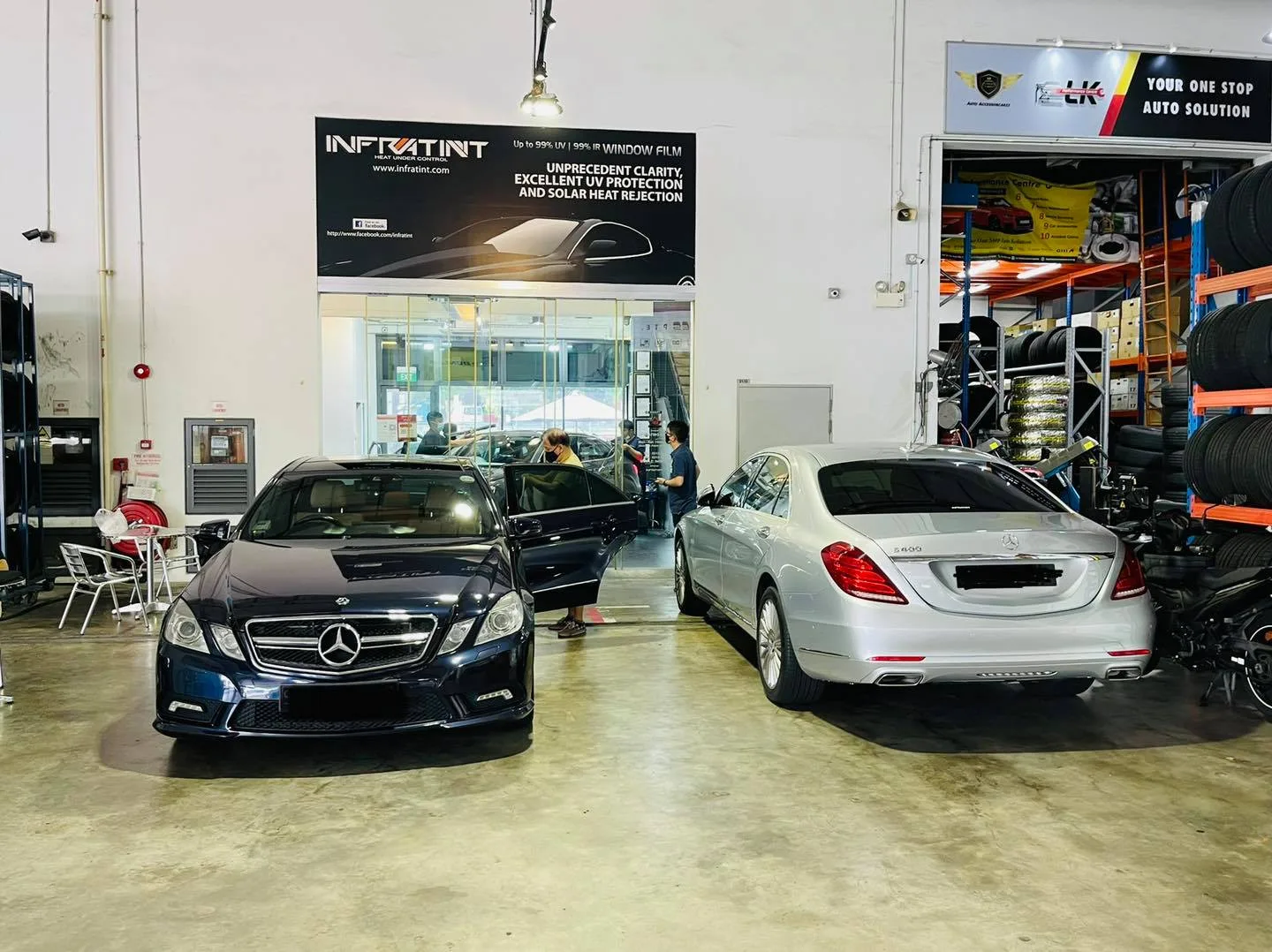 Black and silver Mercedes-Benz cars parked at Infratint Singapore for window tinting