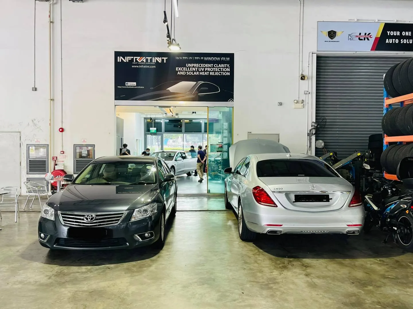 Grey Toyota Camry and silver Mercedes-Benz S-Class at Infratint Singapore for window tinting