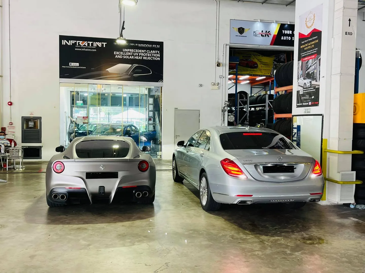 Silver Ferrari F12 and silver Mercedes-Benz S-Class at Infratint Singapore for window film
