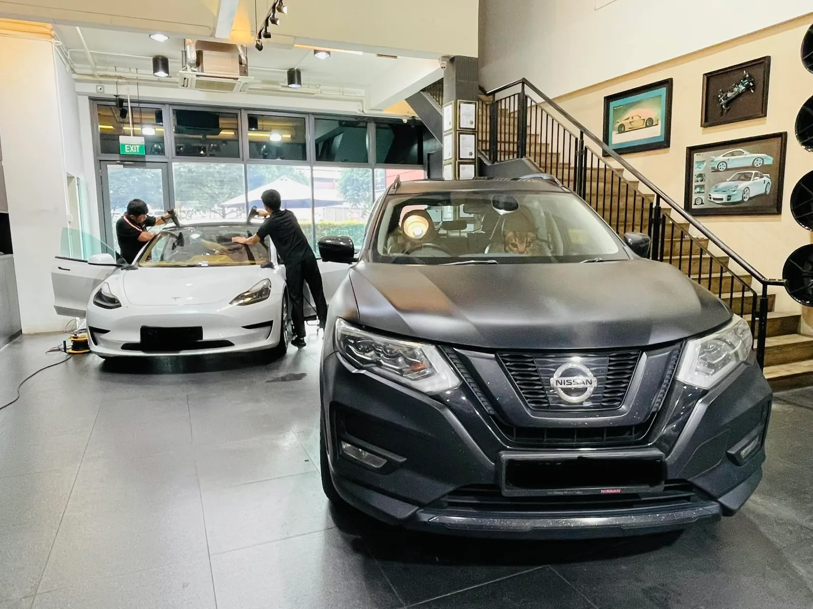 White Tesla Model 3 and grey Nissan X-Trail at Infratint Singapore for window tinting