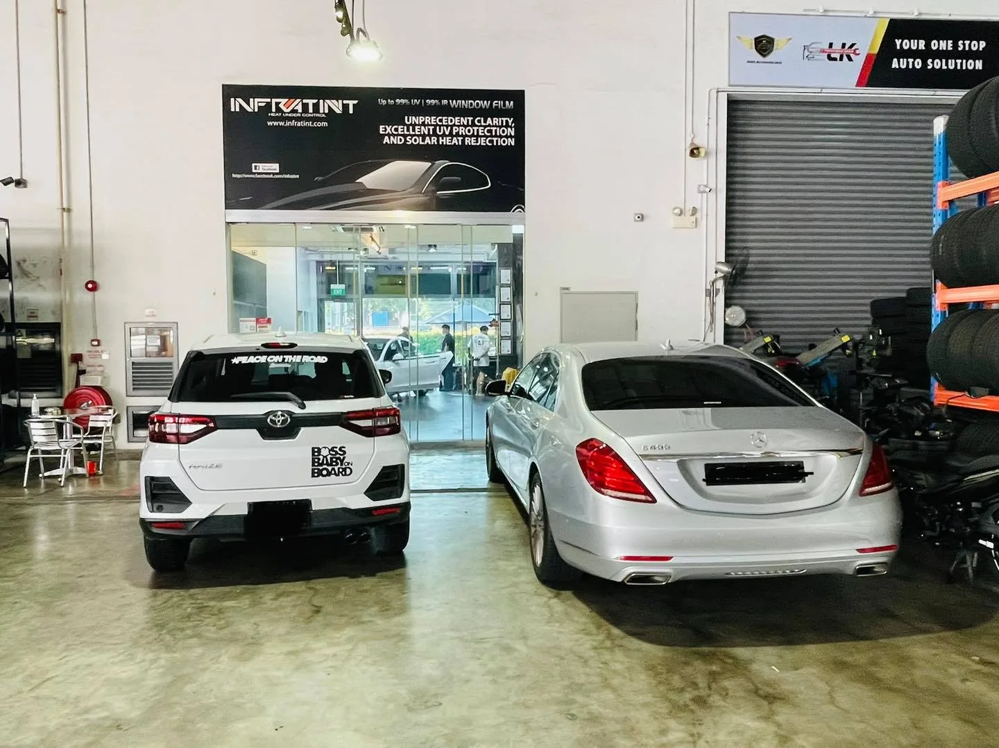 Silver Toyota Raize and silver Mercedes-Benz S-Class at Infratint Singapore