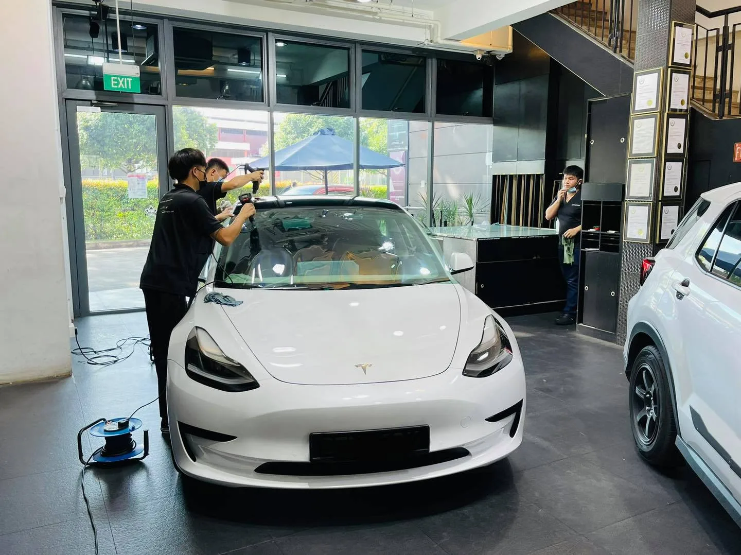 White Tesla Model 3 windscreen tinting at Infratint Singapore