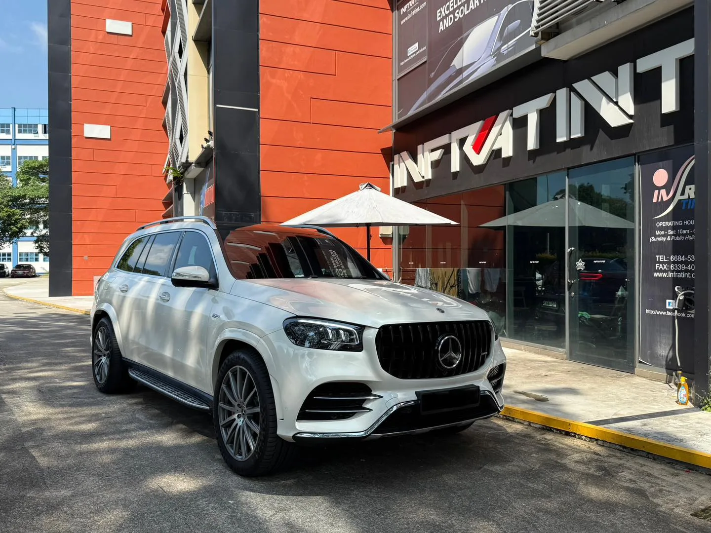 White Mercedes-Benz GLS front three-quarter view with tinted windows at Infratint Singapore