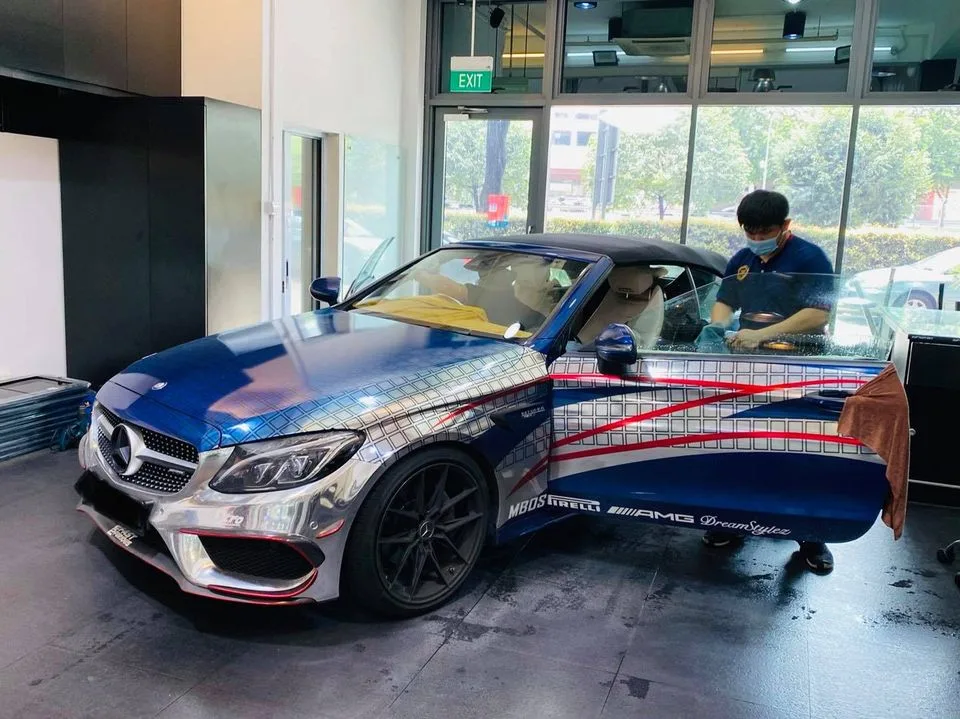 Wrapped Mercedes-Benz C-Class coupe convertible during window tinting at Infratint Singapore