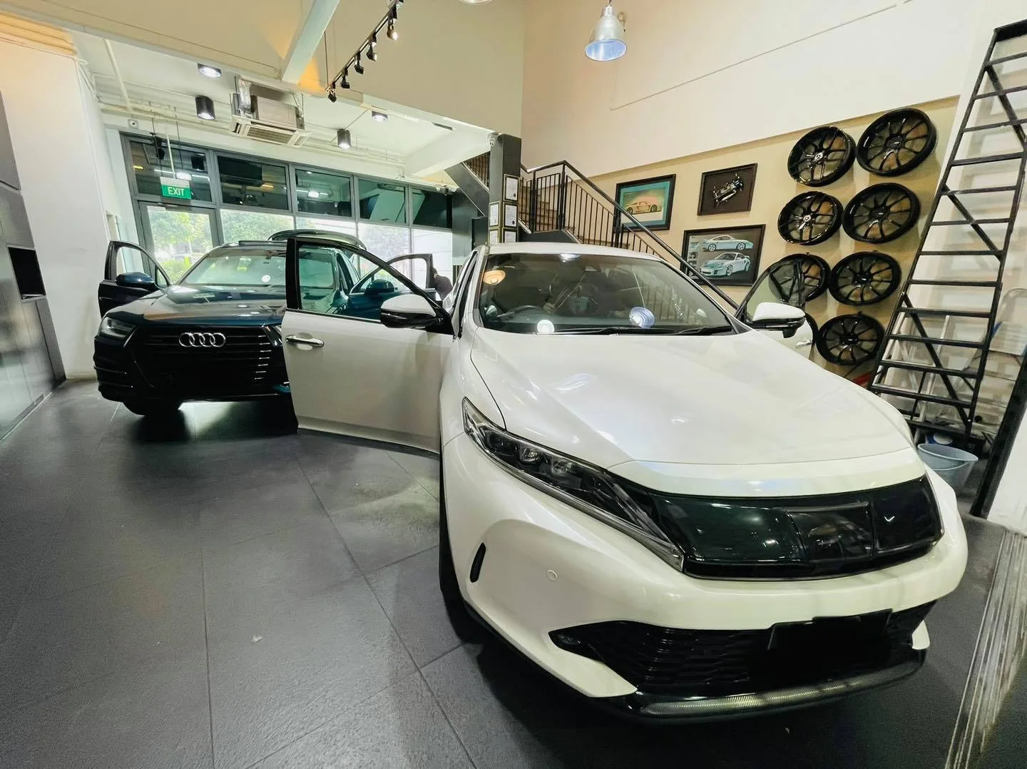 White Toyota Harrier in three-quarter view at Infratint Singapore for window tinting