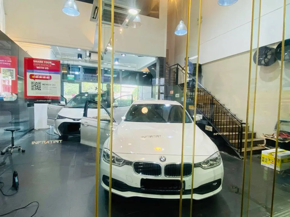 White BMW 3 Series front view at Infratint Singapore for window tinting