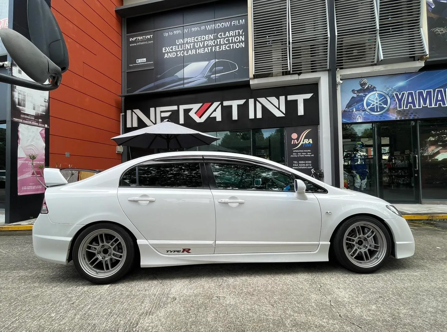 White Honda Civic Type R side profile outside Infratint Singapore