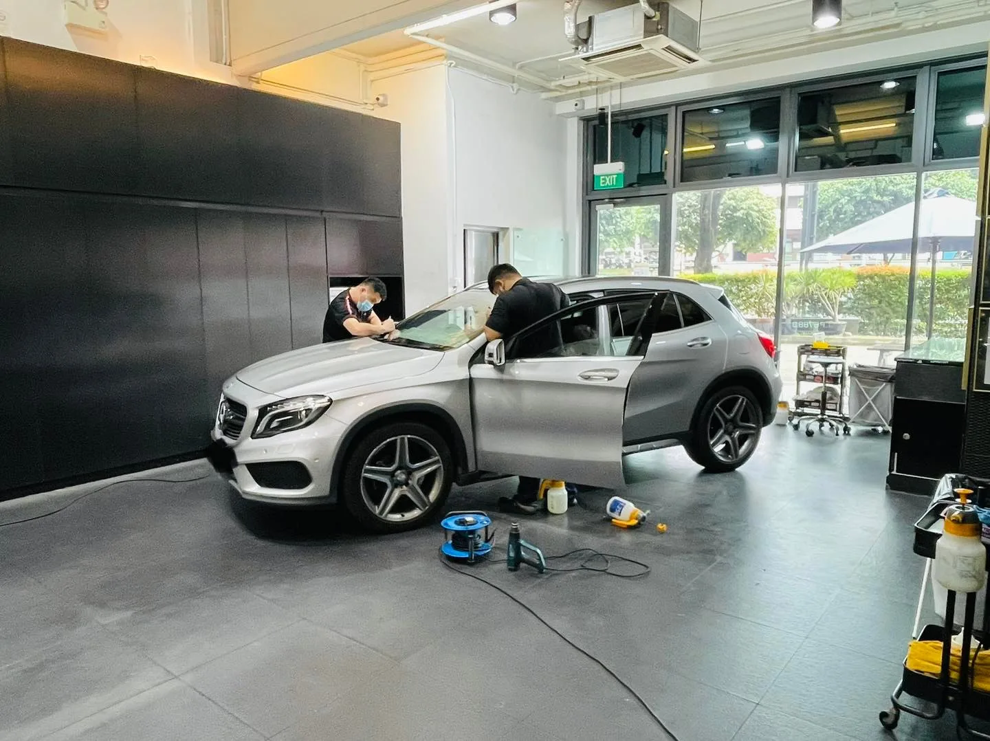 Silver Mercedes-Benz GLA SUV during window tinting at Infratint Singapore