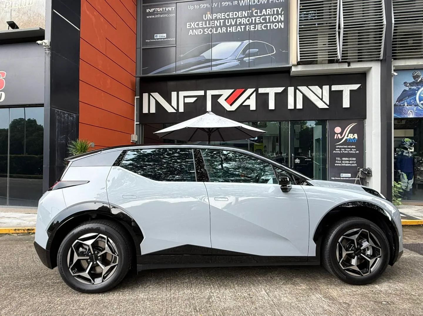 Pale grey Zeekr X side profile outside Infratint Singapore